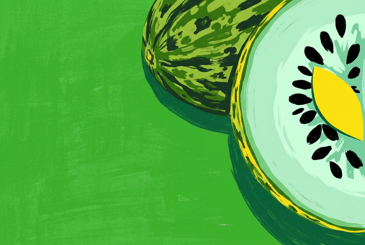 Ilustración de un melón de piel de sapo entero junto a otra mitad abierta, sobre fondo verde